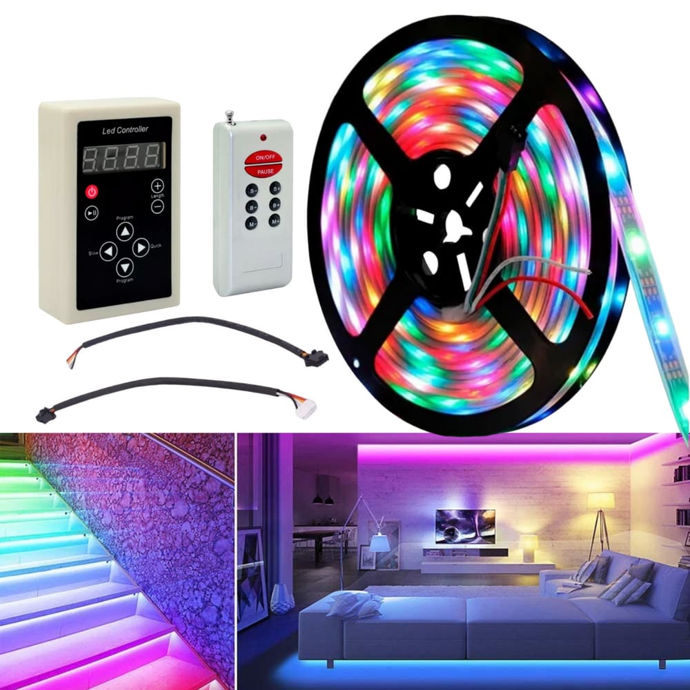 Fita De Led Digital Flexível RGB Luz Colorida 6803 De 5M Com 328 Efeitos IP67De 12V Com Controlador E Controle Remoto