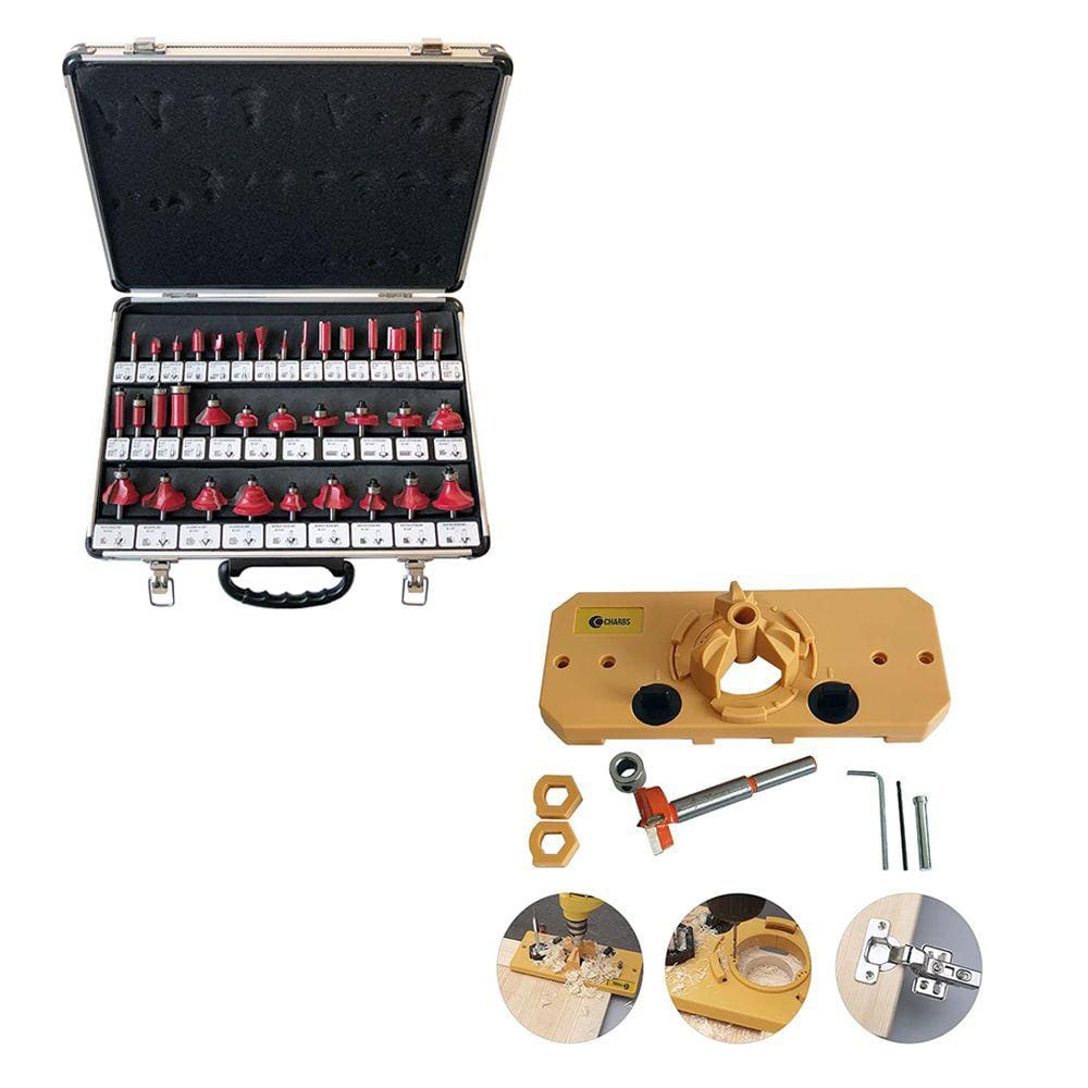 Kit Gabarito P/ Dobradiças Khi-Hinge + 35 Fresas Para Tupia