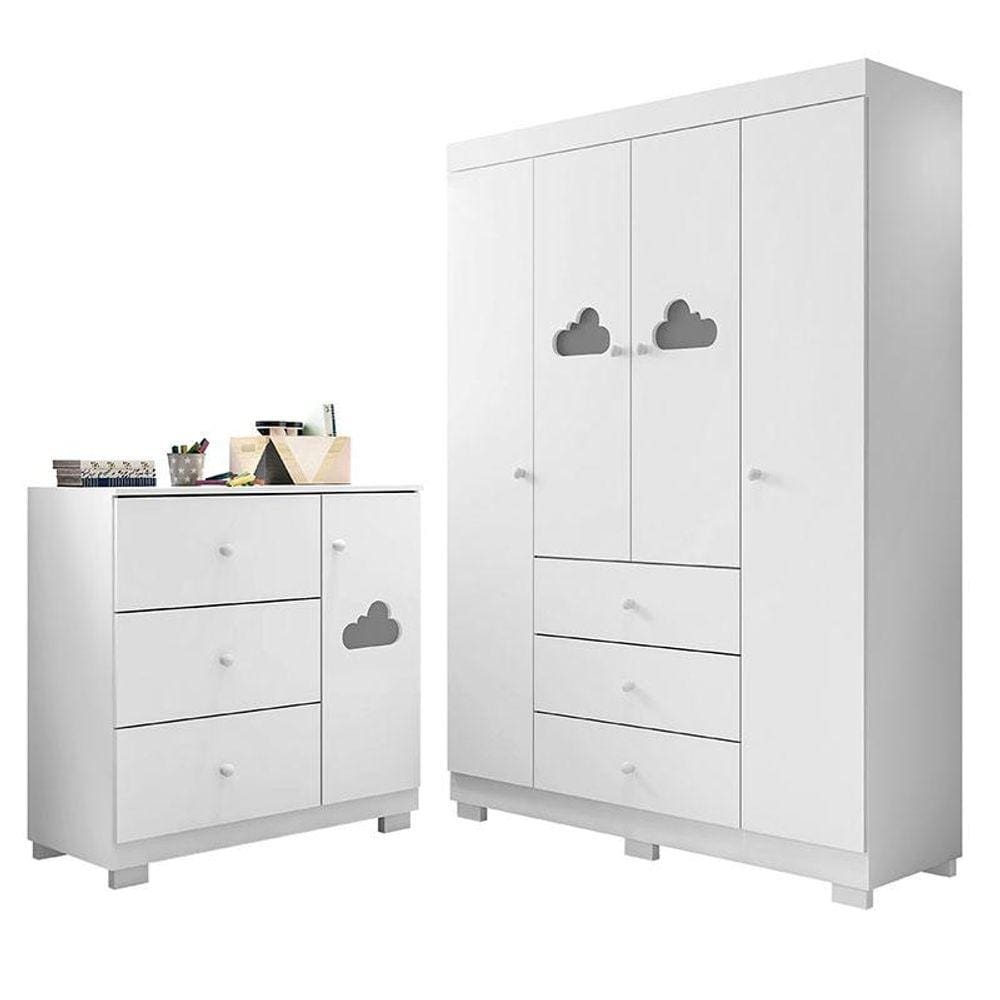 Cômoda e Guarda Roupa Infantil Ane Branco Brilho - Phoenix Baby