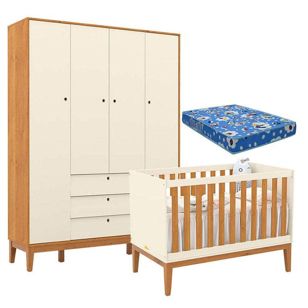 Berço Americano e Guarda Roupa Unique 4 Portas Off White Freijó Eco Wood com Colchão Ortobom - Matic