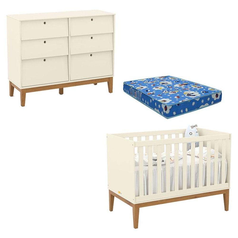 Berço Americano e Cômoda 6 Gavetas Unique Off White Eco Wood com Colchão Ortobom - Matic