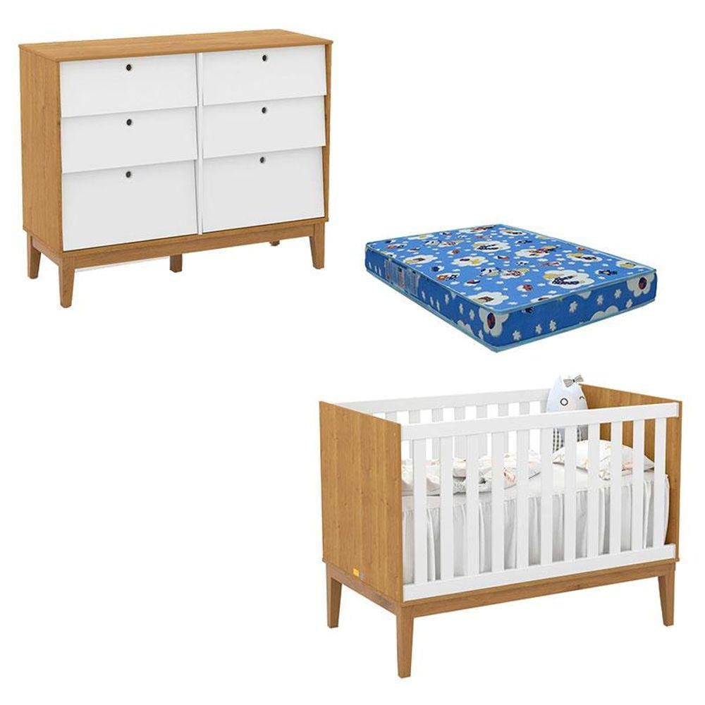 Berço Americano e Cômoda 6 Gavetas Unique Freijó Branco Soft Eco Wood com Colchão Ortobom - Matic
