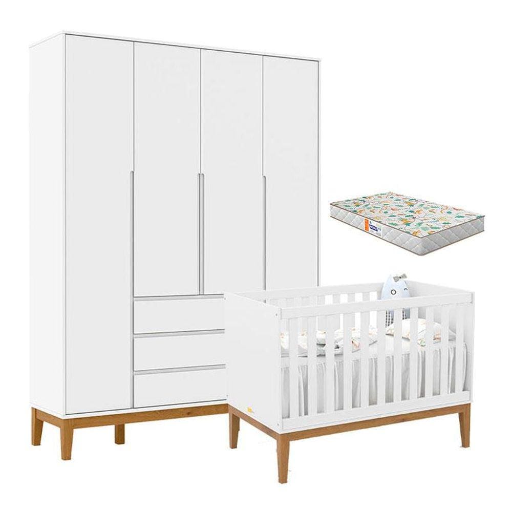 Berço Americano Unique e Guarda Roupa 4 Portas Nature Clean Branco Soft Eco Wood com Colchão Gazin - Matic