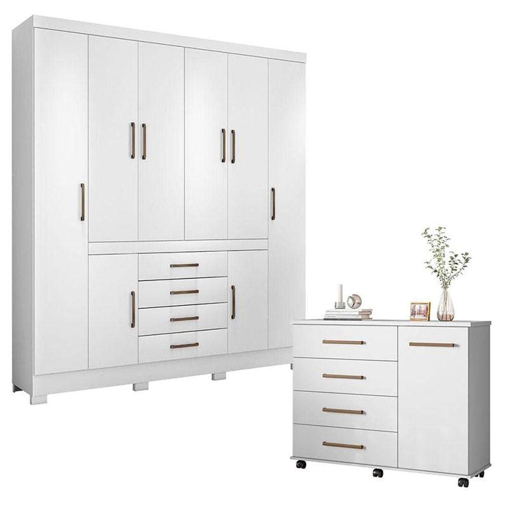 Cômoda Flora e Guarda Roupa Casal New Realce Branco - Demóbile
