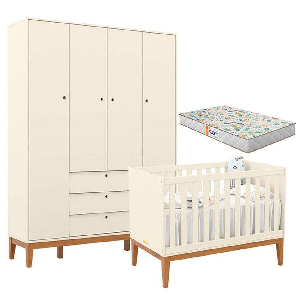 Berço Americano e Guarda Roupa Unique 4 Portas Off White Eco Wood com Colchão Gazin - Matic