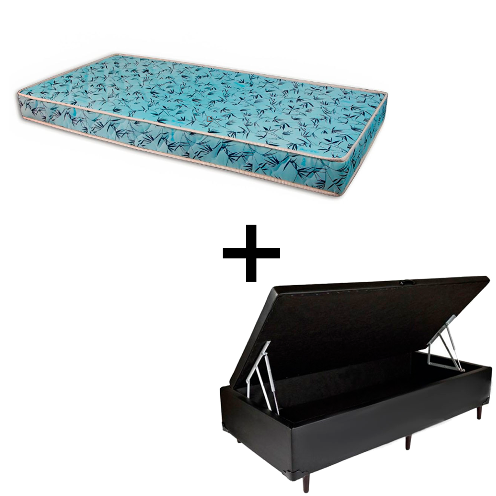 Cama Baú Solteiro 88 Tecido Sintético Preto Com Colchão Natal - 100% Espuma - D23 Azul 54x88x188