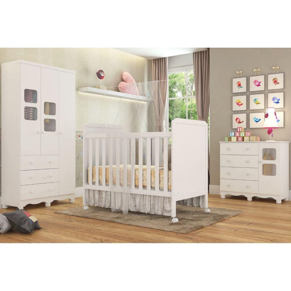 Quarto de Bebê Completo Guarda Roupa Uli 3 Portas 3 Gavetas Berço Mini Cama Cloe 2 Em 1 Cômoda Uli 4 Gavetas 1 Porta Móveis Peroba