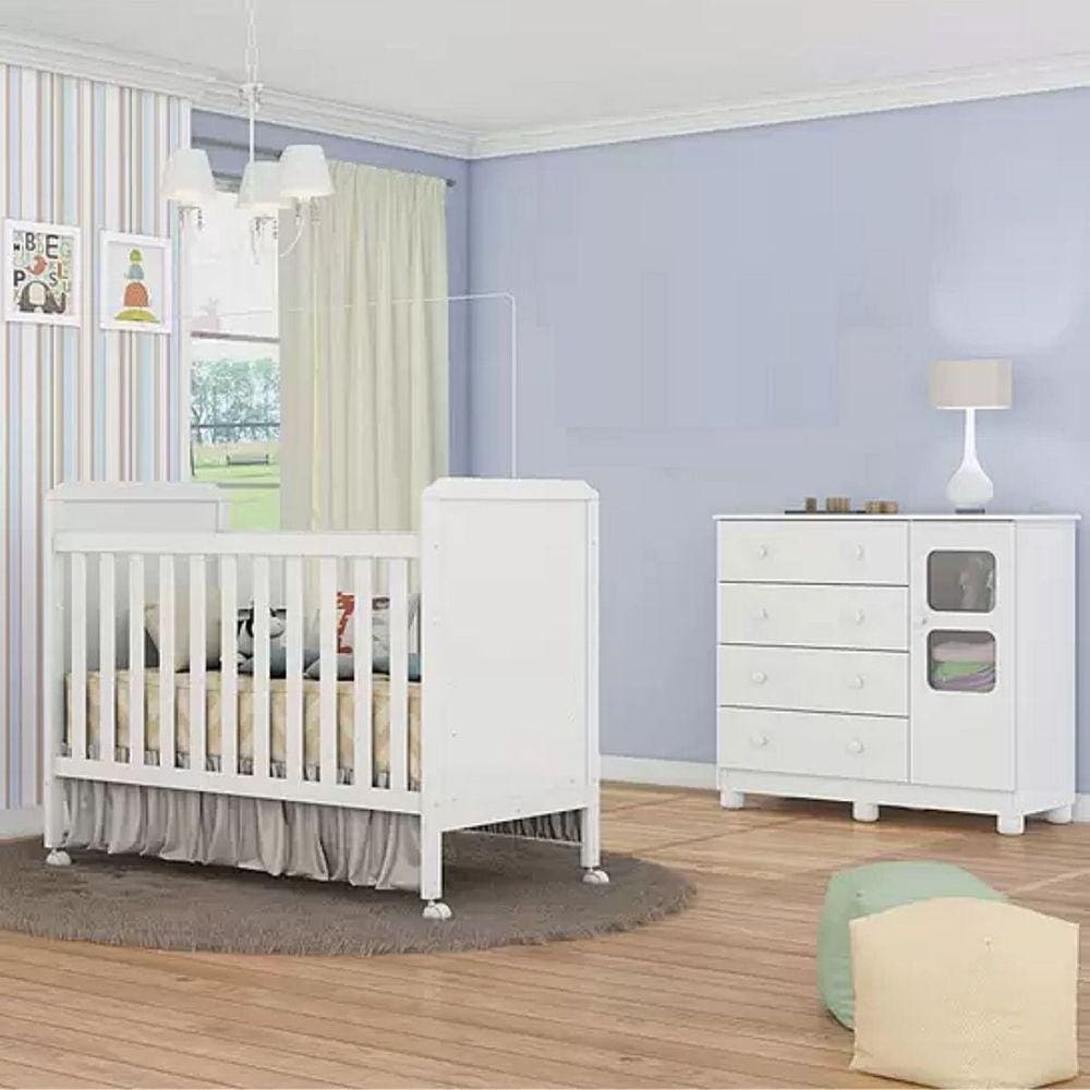 Quarto de Bebê Completo Berço Americano Mini Cama Cloe 2 Em 1 Cômoda Uli 4 Gavetas 1 Porta Móveis Peroba
