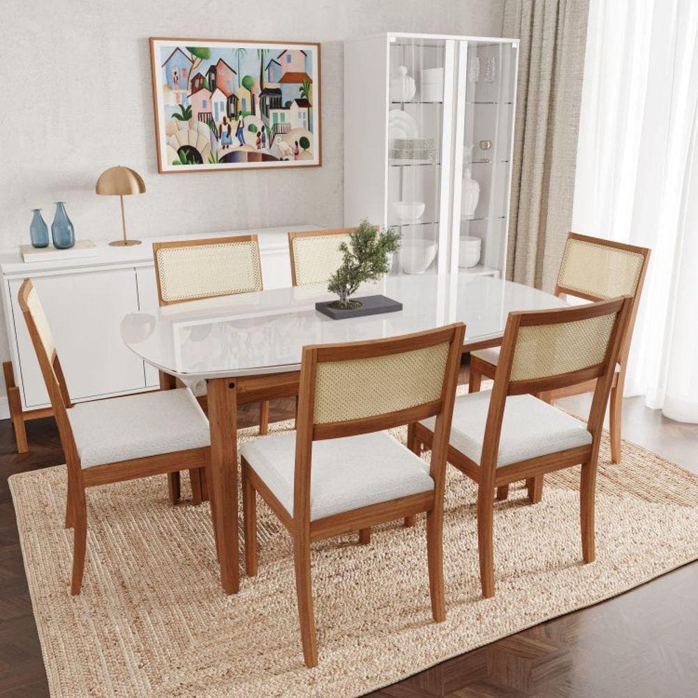 Conjunto Mesa de Jantar Tampo Vidro e MDF 1,60m e 6 Cadeiras Tiê CabeCasa MadeiraMadeira Amendoa/Bege claro