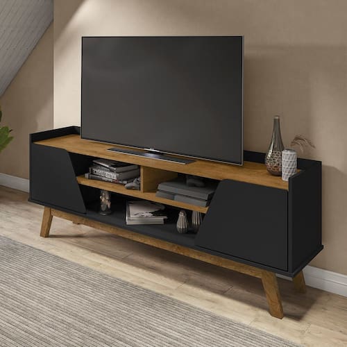 imagem-Rack Para TV Até 65 Polegadas 2 Portas 2 Nichos Decor Móveis Bechara Preto Fosco/Marromlle