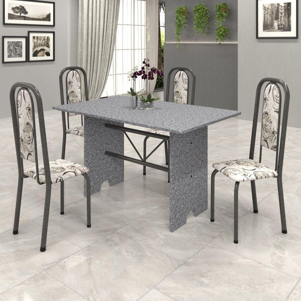 Conjunto de Mesa 120x75cm Tampo Granito com 4 Cadeiras Lavínea Soma Móveis Martelado Prata/Ocre/Arabesco
