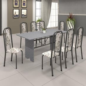 Conjunto de Mesa 180x75cm Tampo Granito com 8 Cadeiras Lavínea Soma Móveis Martelado Prata/Ocre/Arabesco
