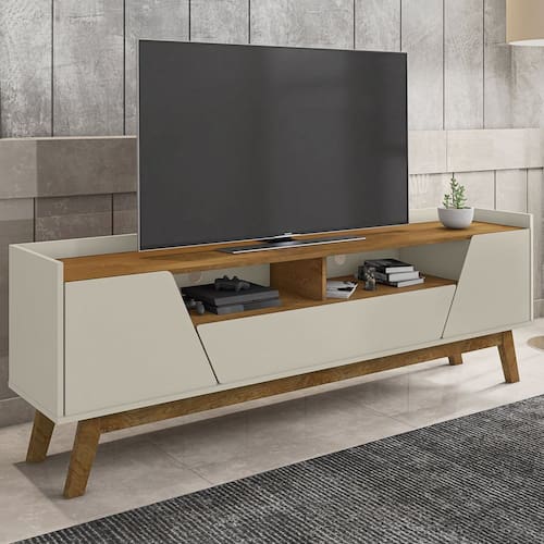 imagem-Rack Para TV Até 70 Polegadas 2 Portas 1 Gaveta 2 Nichos Decor Móveis Bechara Off-White/Marromlle - Branco