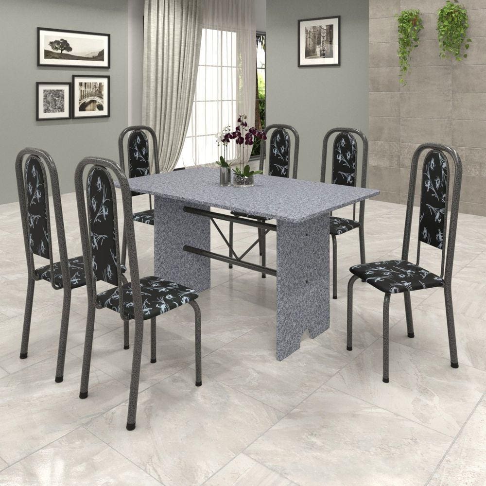 Conjunto de Mesa 140x75cm Tampo Granito com 6 Cadeiras Lavínea Soma Móveis Martelado Prata/Ocre/Preto Floral