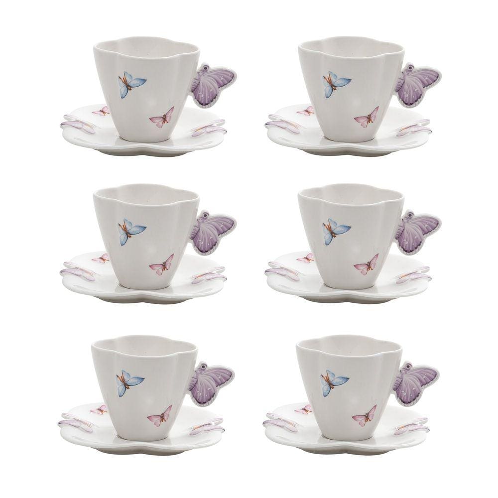 Cj 6 Xícaras P/Chá C/Pires de Porcelana Branca Borboletas 200ml Wolff