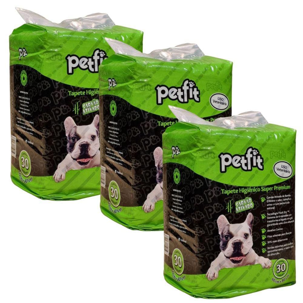 Tapete Higiênico Pet Para Cães Com Carvão Ativado de Bambu Kit 3x 60x80 cm Super Absorvente Premium Descartável