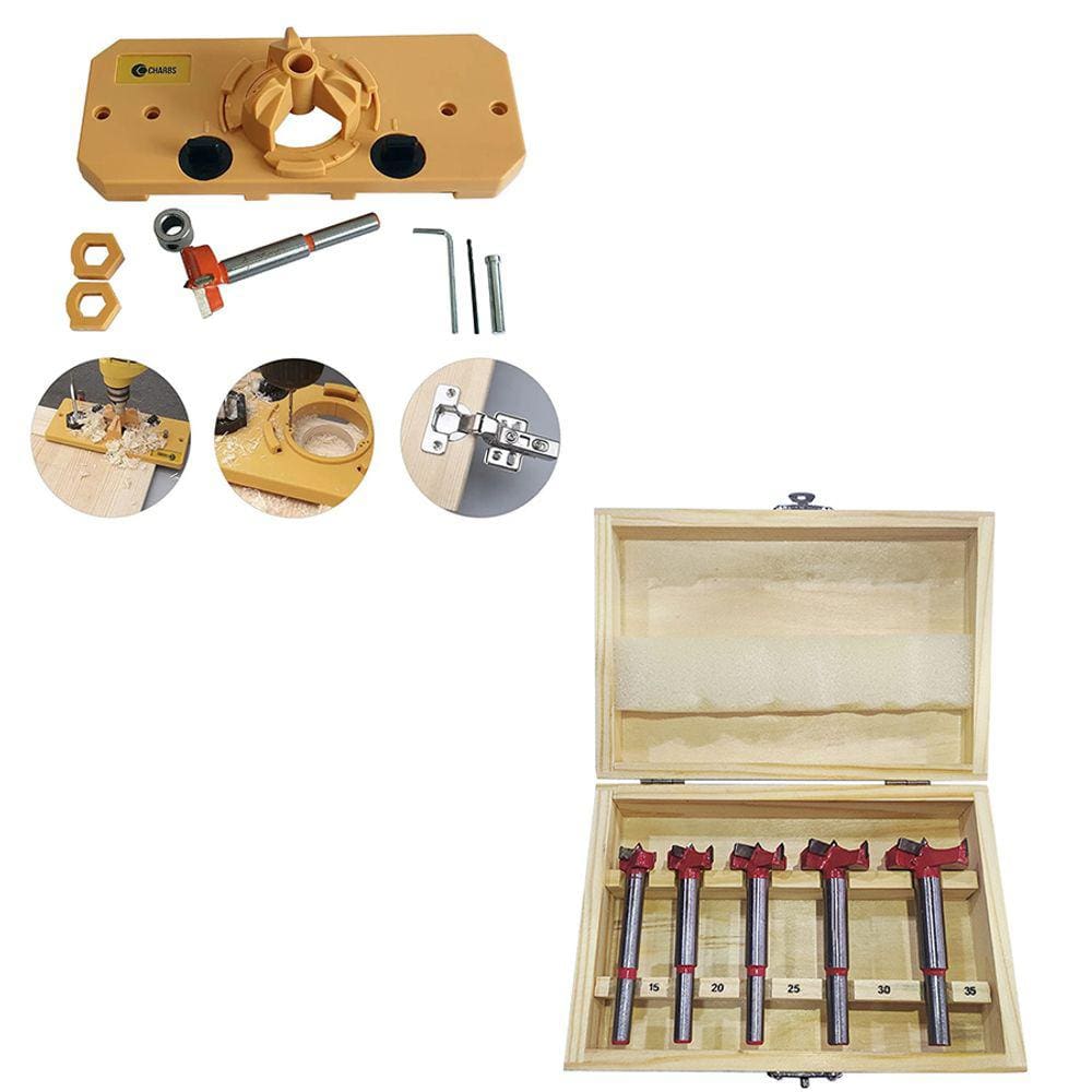 Kit 5 Brocas Forstner + Gabarito p/ Dobradiças Khi Hinge