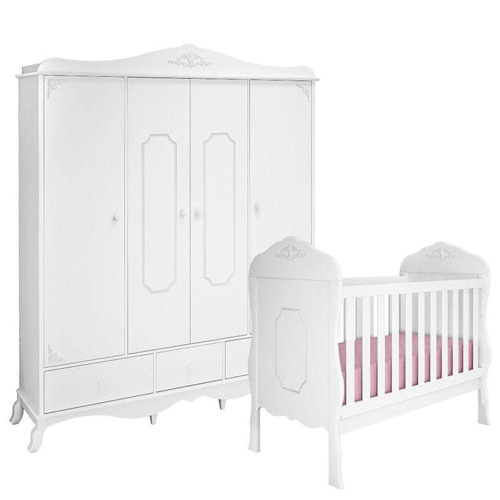 Berço Americano e Guarda Roupa Infantil Realeza 4 Portas Branco Acetinado - Canaã