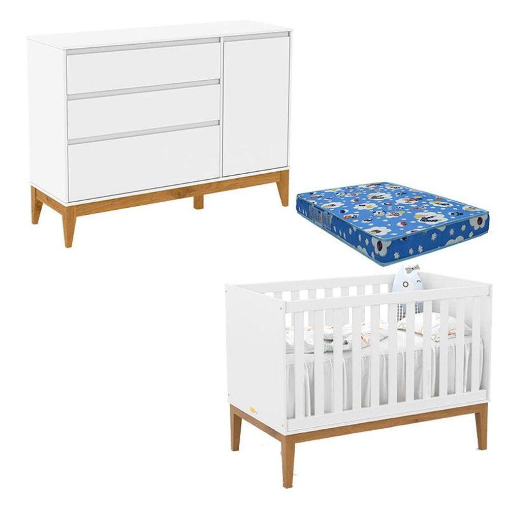 Berço Americano Unique e Cômoda com Porta Nature Clean Branco Soft Eco Wood com Colchão Ortobom - Matic