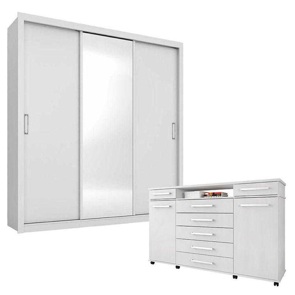 Cômoda London e Guarda Roupa Casal Residence Branco - Demóbile