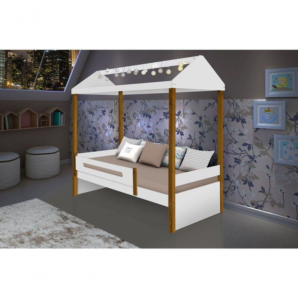 Cama Casa Branco Mel Com Cordão De Luzes Led