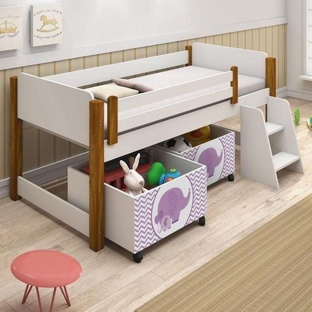 Cama Branco Com 2 Nichos Filhote Rosa E Escadinha