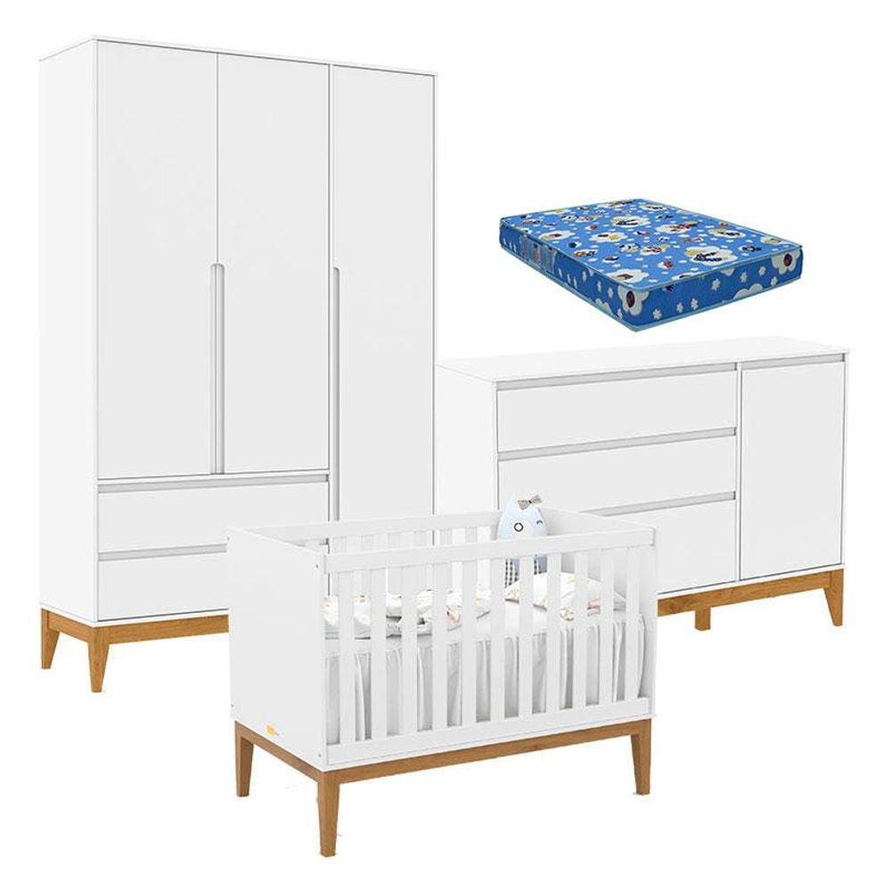 Quarto de Bebê Nature Clean 3 Portas com Berço Unique Branco Soft Eco Wood e Colchão Ortobom - Matic