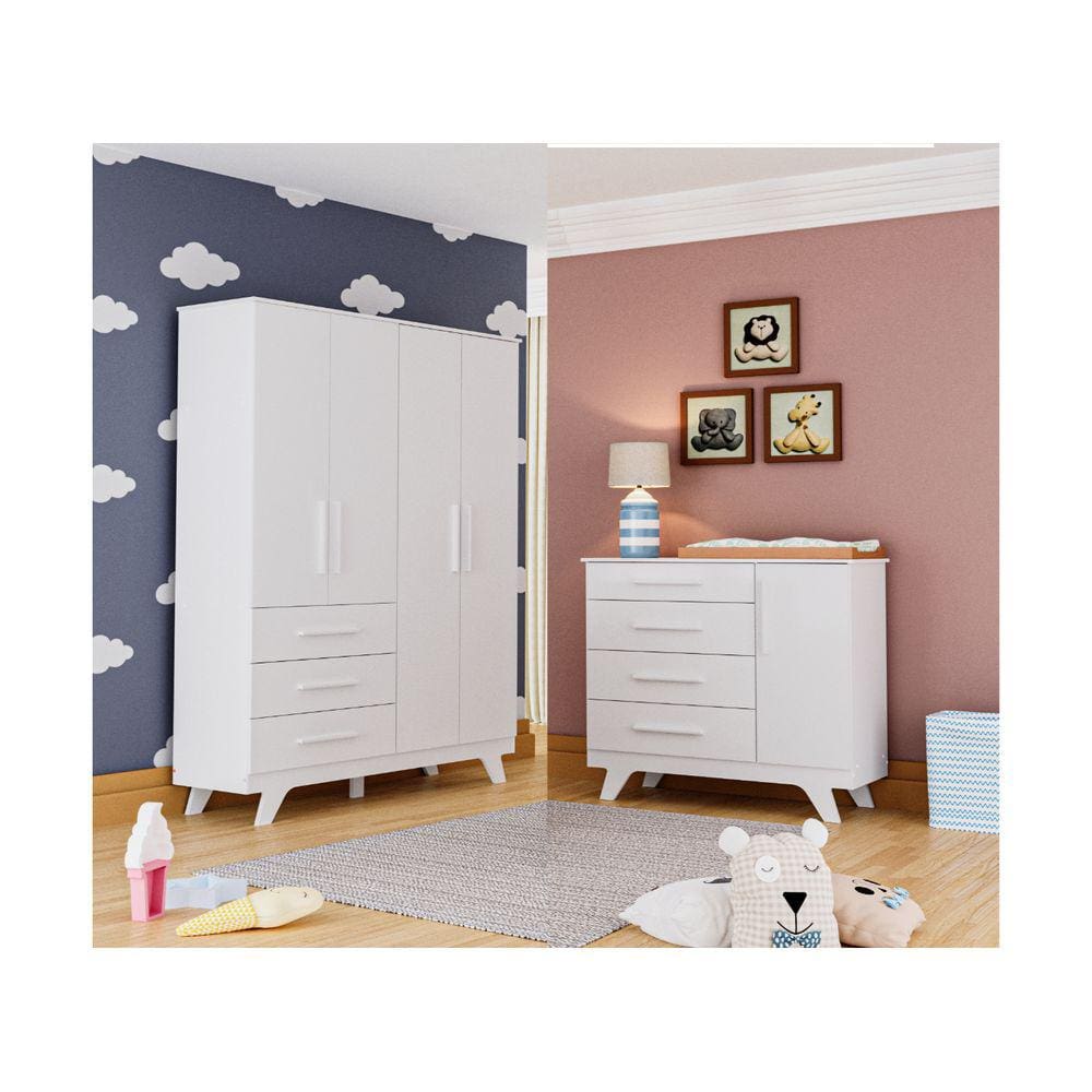 Guarda Roupa e Cômoda Retrô Moveis Peroba MDF 4 portas lisas