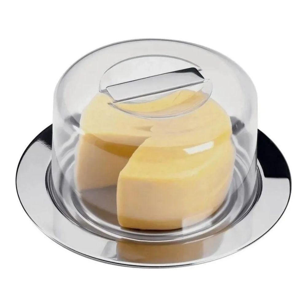 Porta Queijo Inox Conjunto Queijeira Redonda Com Tampa Acrílico Fratelli Suporte Para Frios Queijo Minas Mussarela