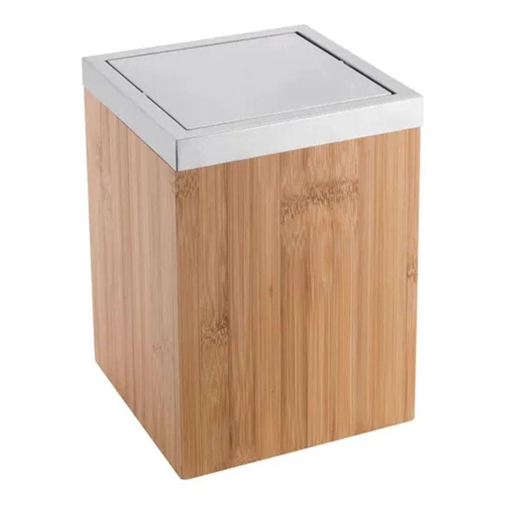 Lixeira Quadrada Basculante 5l Bamboo E Inox 17x17x23cm