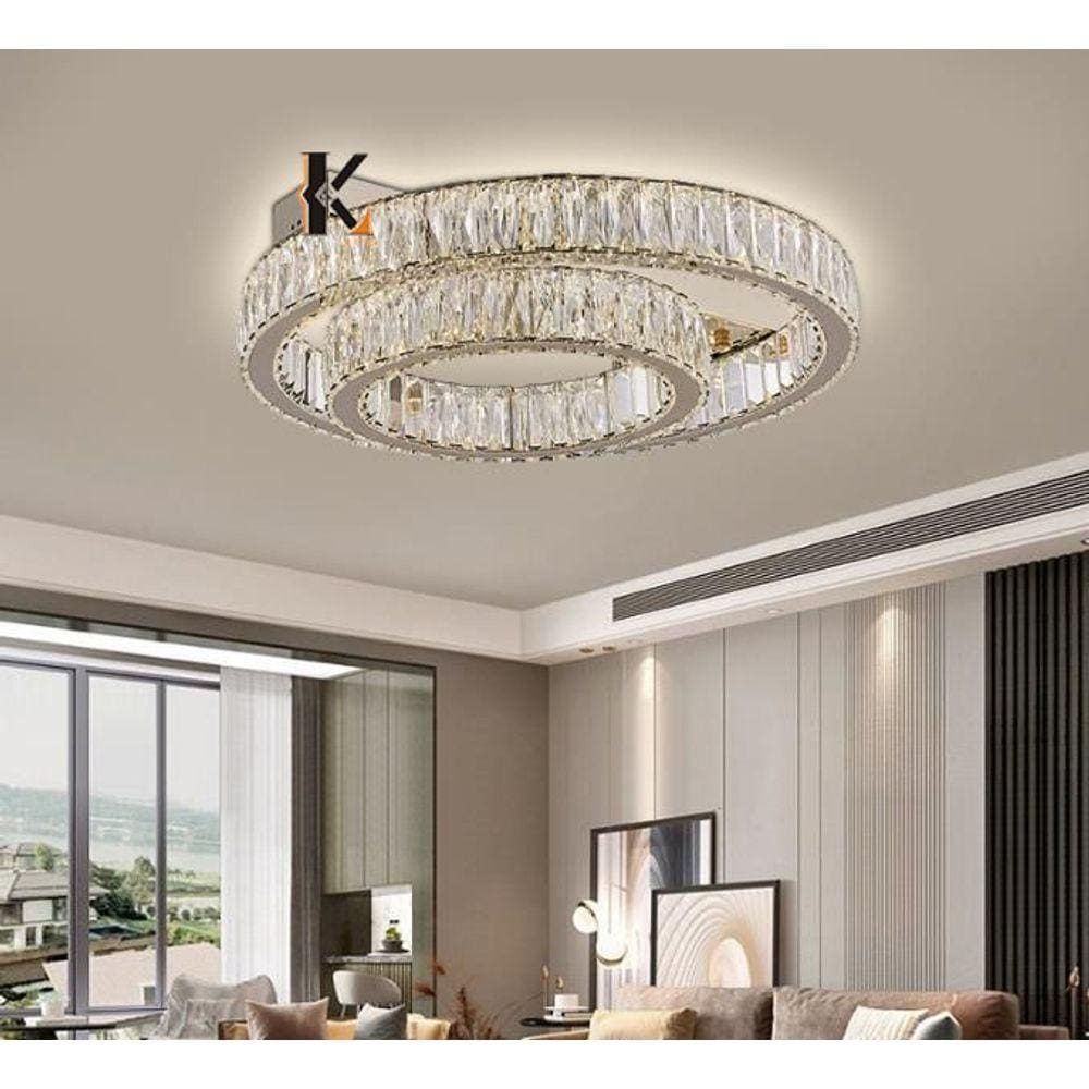 Paflon Cromado Redondo Duplo D50cm Led 3000k Cristal K9