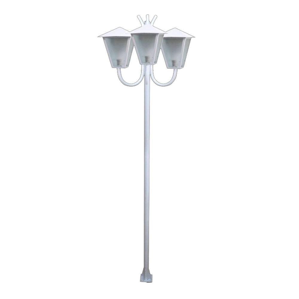 Poste Braço Curvo Luminária Romana Tripla Jardim Branco 2Mt