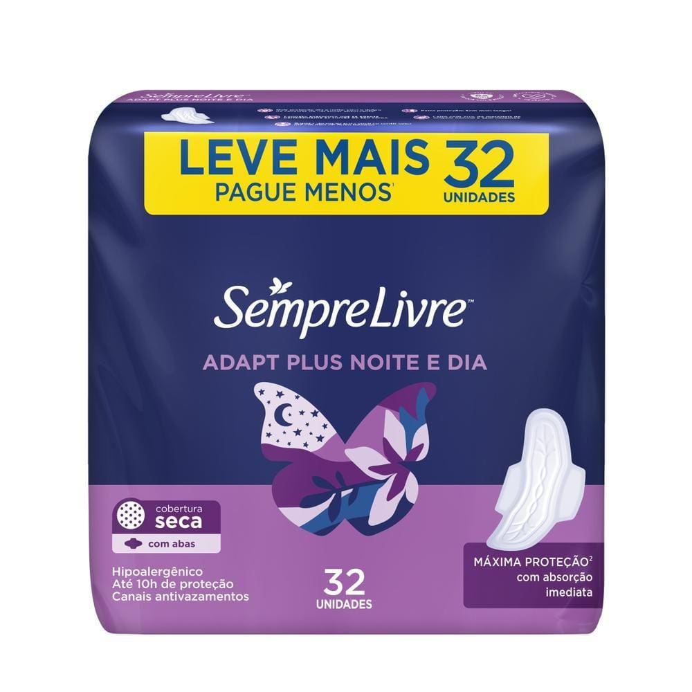 Absorvente Externo Sempre Livre Adapt Plus Noite e Dia Seca com Abas Leve Mais Pague Menos 32 Unidades