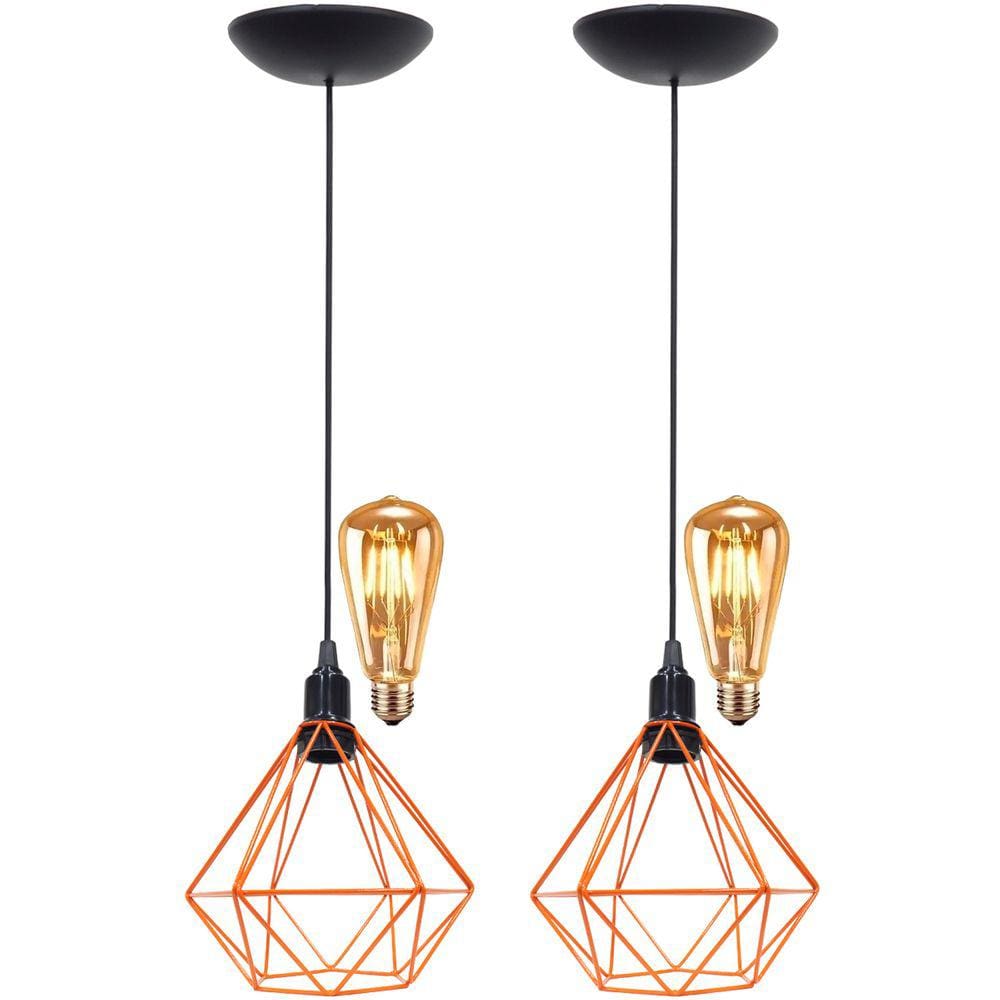2 Pendentes Aramado Diamante Teto Luminária Retrô Balcão Agp + 2 Lâmpadas Led ST64 Vintage