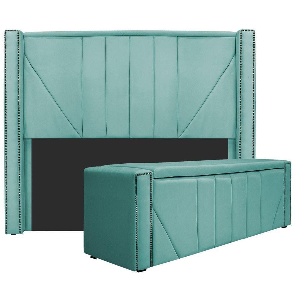 Cabeceira E Baú Solteiro 90Cm p/Cama Box - Azul Tiffany