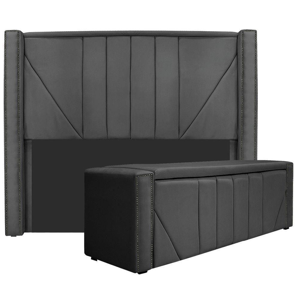 Cabeceira E Baú Solteiro 90Cm p/Cama Box - Cinza Escuro