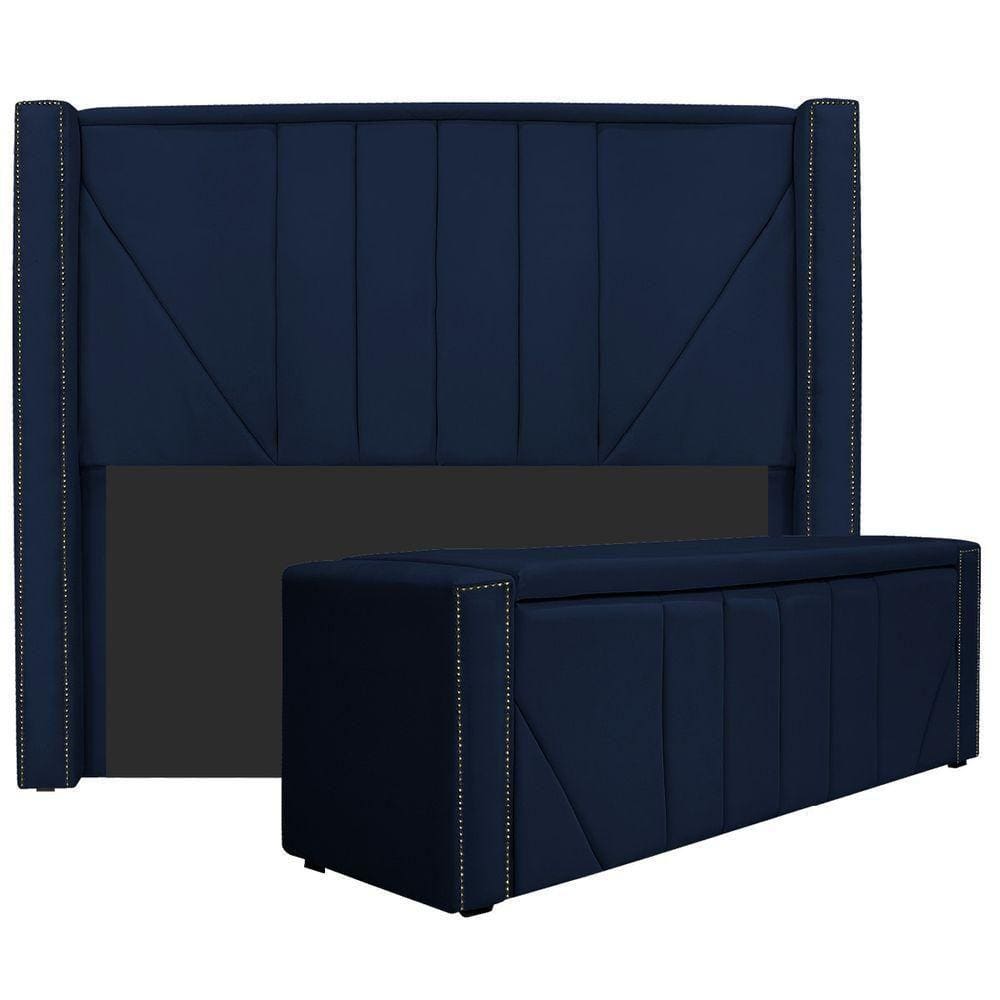 Cabeceira E Baú Queen 160Cm p/Cama Box - Azul Marinho