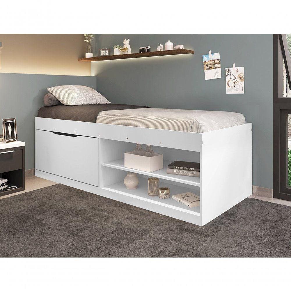 Cama Box Sapateira Solteiro 0,88 Branco Com Colchão