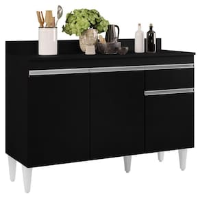 Balcão Gabinete 120cm Com Tampo 3 Portas 1 Gaveta Preto