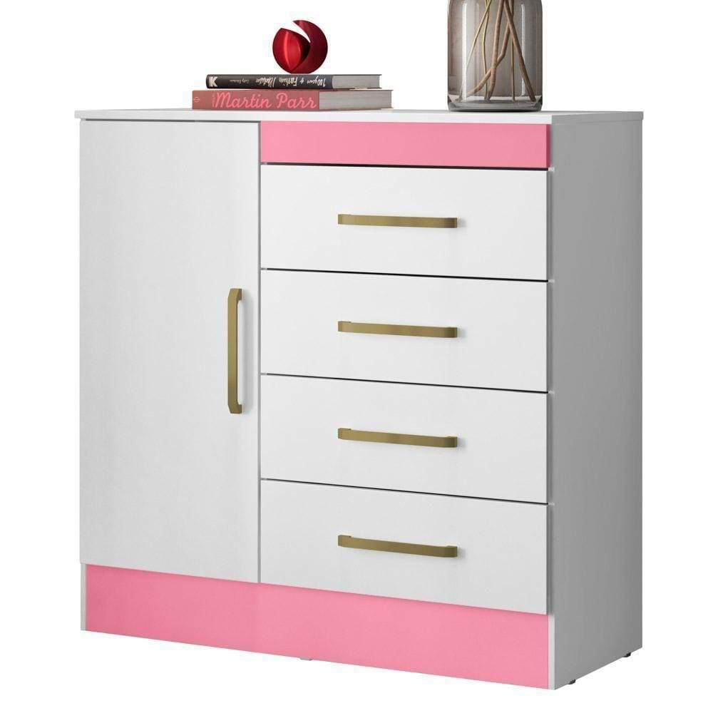 Cômoda Para Quarto 1 Porta 4 Gavetas Branco/rosa/Branco