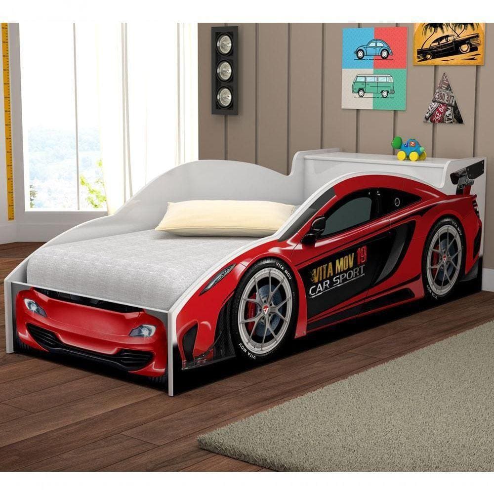 Cama Carro Solteiro Com Baú E Grade De Proteção Vermelho