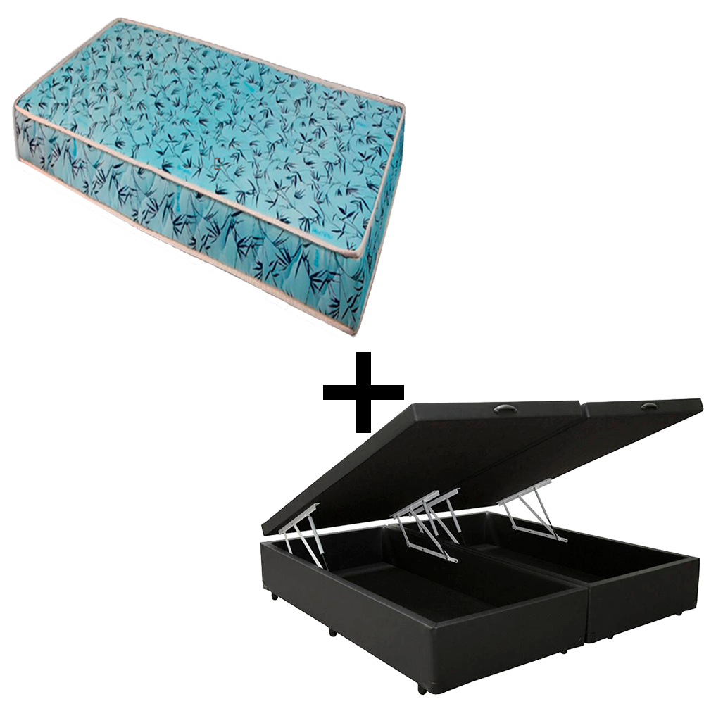 Cama Baú King 193 Tecido Sintético Preto Com Colchão Natal Bello Box - 100% Espuma - D23 Azul 55x193x203