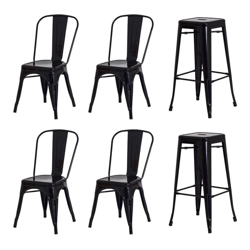 Kit 4 Cadeiras + 2 Banquetas Tolix Iron Design Preta Aço Industrial Sala Cozinha Jantar Bar Bistrô