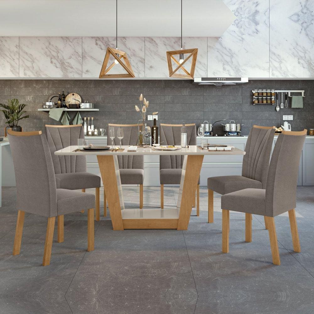 Conjunto Sala de Jantar Mesa 160x80cm Tampo MDF com 6 Cadeiras Apogeu Móveis Lopas Amêndoa Clean/Off White/Animale Bege