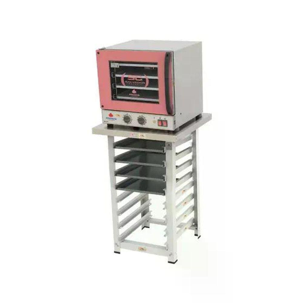 Kit - Forno Turbo Elétrico Fast Oven PRP-004 220V Rosa + Bancada MES-004 + 4 Assadeiras - Progás