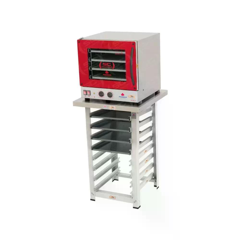 Kit - Forno Turbo Elétrico Fast Oven PRP-004 Plus 127V Vermelho + Bancada MES-004 + 4 Assadeiras - Progás