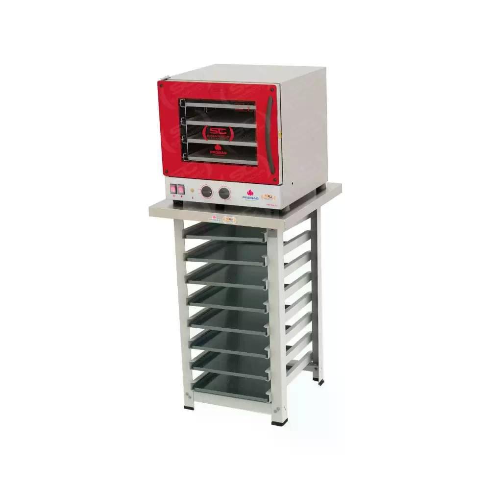 Kit - Forno Turbo Elétrico Fast Oven PRP-004 127v Vermelho + Bancada MES-004 + 8 Assadeiras - Progás