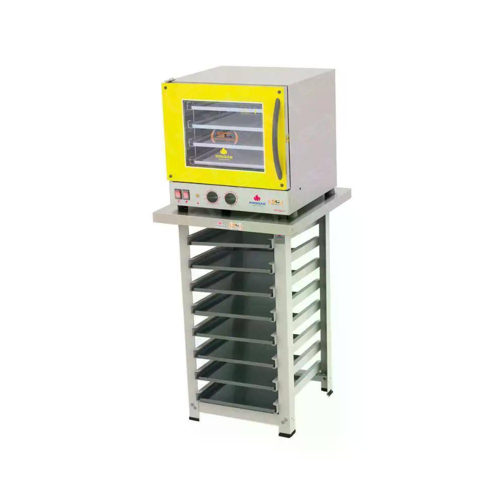Kit - Forno Turbo Elétrico Fast Oven PRP-004 127v Amarelo + Bancada MES-004 + 8 Assadeiras - Progás