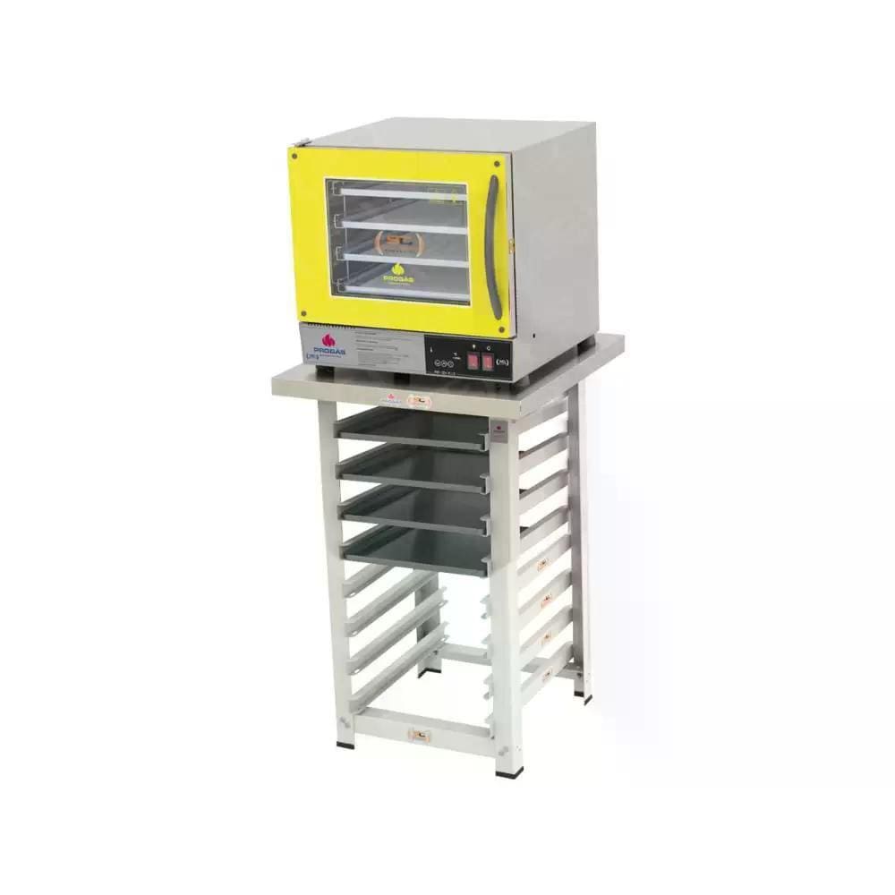 Kit - Forno Turbo Elétrico Fast Oven PRP-004 Plus 127V Amarelo + Bancada MES-004 + 4 Assadeiras - Progás
