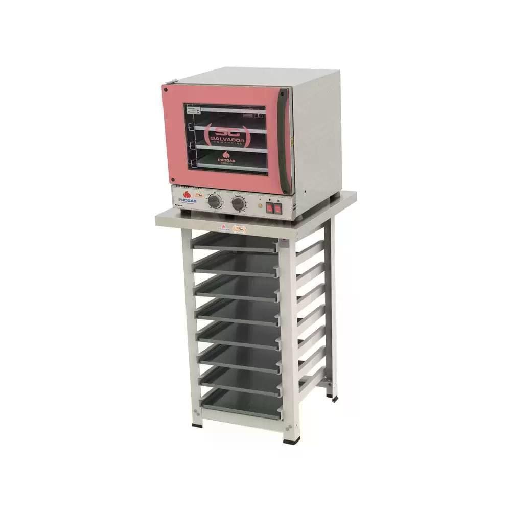 Kit - Forno Turbo Elétrico Fast Oven PRP-004 127V Rosa + Bancada MES-004 + 8 Assadeiras - Progás